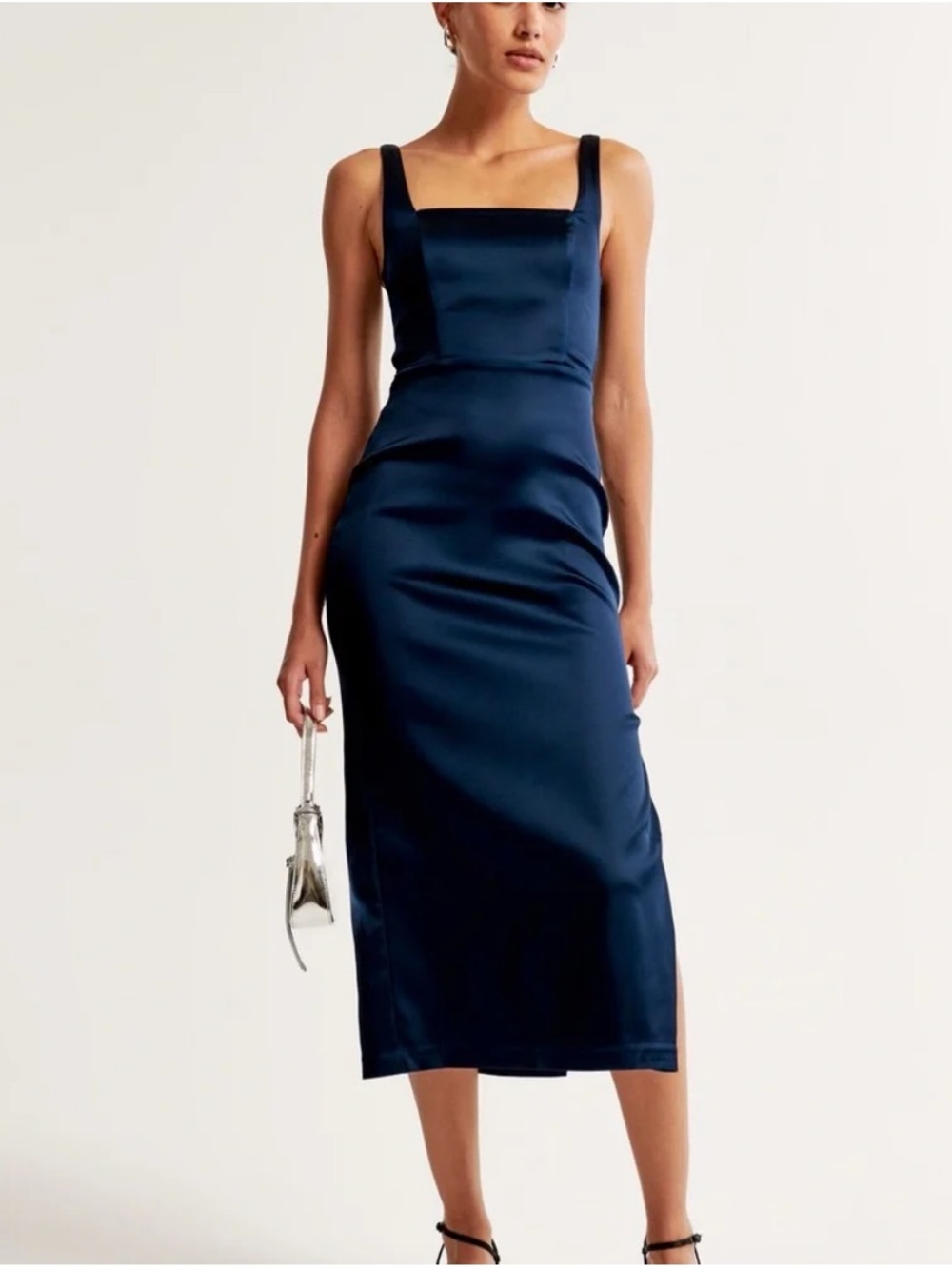Abercrombie Sculpting Stretch Satin Midi Dress in Navy
